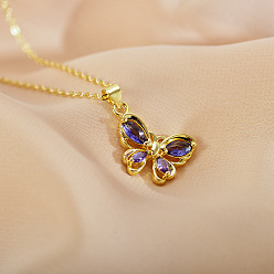 Средний Синий Шифер Латунные ожерелья с подвеской в виде бабочки из кубического циркония, 316l ожерелья из хирургической нержавеющей стали с цепочкой для женщин, золотые, средний грифельно-синий, 17.72 дюйм (45 см)