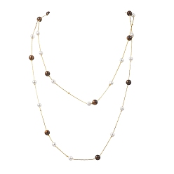 Тигровый глаз Длинные ожерелья из латунной цепочки «Бостон» с круглым натуральным тигровым глазом и ракушечным жемчугом, золотые, 66.26~66.73 дюйм (168.3~169.5 см)