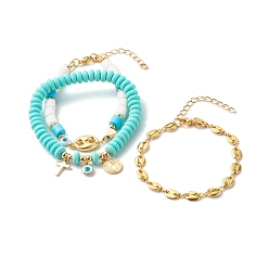 Turquoise Stretch & Beaded & Link Chain Bracelets Sets, with Handmade Polymer Clay Beads, Brass Pendant, Alloy Links, Turquoise, Inner Diameter: 2-5/8 inch(6.8cm), 7.48 inch(190mm), 7.28 inch(185mm), 3pcs/set