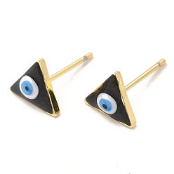 Negro Aretes de triángulo esmaltado con mal de ojo, joyas de latón chapado en oro real 18k para mujer, negro, 8x9 mm, pin: 0.8 mm