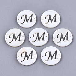Letter M Natural Freshwater Shell Links Connectors, Flat Round with Letter, Letter.M, 14.5x1.5mm, Hole: 0.9mm