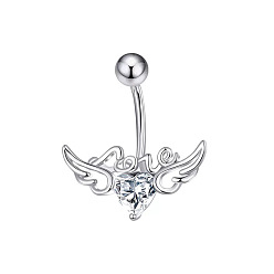 Прозрачный 304 изогнутые кольца для живота с подвеской из нержавеющей стали и кубическим цирконием, сердце с крыльями ангела, цвет нержавеющей стали, прозрачные, длина стержня: 3/8"(10мм), штифты : 1.2 мм