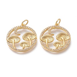 Real 18K Gold Plated Autumn Theme Brass Micro Pave Clear Cubic Zirconia Pendants, with Jump Rings, Long-Lasting Plated, Flat Round with Mushroom, Real 18K Gold Plated, 21x19x3mm, Hole: 3.5mm
