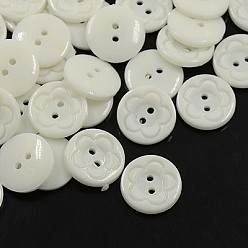 White Acrylic Sewing Buttons for Clothes Design, Plastic Buttons, 2-Hole, Dyed, Flat Round with Flower Pattern, White, 16x3mm, Hole: 1mm