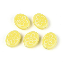 Шампанско-Желтый Ручной фарфоровые керамические шарики, овальная с цветочным узором, яркие глазированный фарфор, шампанское желтый, 17.5x14x6 мм, отверстие : 2 мм