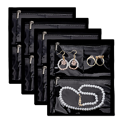 Черный Тканевые сумки для хранения ювелирных изделий на молнии, с окном пвх, для серег колец ожерелья, прямоугольные, чёрные, 19.6x16.5x0.4 см