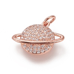 Розовый Позолоченный Латунные микропаве прозрачные подвески с фианитом, долговечный, с прыжковых колец, планета, Настоящее розовое золото покрыто, 14.5x18x3 мм, Перейти кольцо: 5x1 мм, 3 мм внутренним диаметром