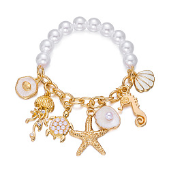 White Ocean Alloy Enamel Starfish Shell Shape Multi Charm Round Plastic Beaded Stretch Bracelets for Women, Golden, White, 7.09 inch(18cm)
