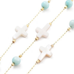 Небесно-голубой Круглые и крестообразные цепочки ручной работы из натуральных ракушек из бисера, с покрытием из натуральных ионов (IP) 304 цепочки из скрепок из нержавеющей стали, несварные, реальный 18 k позолоченный, голубой, 2.2x1x0.5 мм