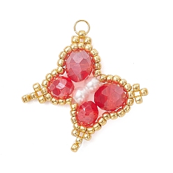 Красный Стеклянные подвески, очарование бабочки, с 304 нержавеющей сталью и бисером, реальный 18 k позолоченный, граненые, красные, 21~22x23x7 мм, отверстие : 3 мм