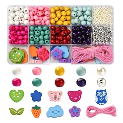 Mixed Color DIY Wood Jewelry Set Making Kit, Include ABS Plastic & Wood Beads, Elastic Cord, Mixed Color, Wood Beads: 290pcs/box