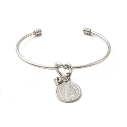 Stainless Steel Color Crystal Rhinestone & Saint Benedict Charms Open Cuff Bangle, 304 Stainless Steel Love Knot Torque Bangle for Women, Stainless Steel Color, Inner Diameter: 2-1/2 inch(6.5cm)