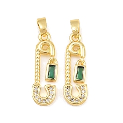 Real 18K Gold Plated Brass Micro Pave Green Cubic Zirconia Pendants, Safety Pin with Rectangle Charms, Real 18K Gold Plated, 22x7x1.8mm, Hole: 5x3mm