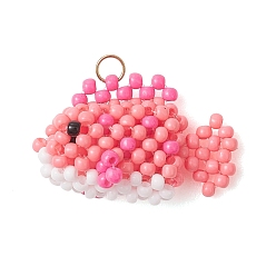 Бледно-Розовый Подвески в виде рыбок из стеклянных бус, с 304 нержавеющей стали, реальный 18 k позолоченный, розовый жемчуг, 17x27.5x13 мм, Перейти кольцо: 4x0.5 мм, внутренний диаметр: 3 мм