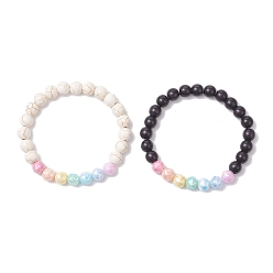 (52) Непрозрачная лаванда 2шт. эластичные браслеты из круглых стеклянных и синтетических бирюзовых бусин с гальваническим покрытием против потускнения для женщин, разноцветные, бусина : 7.5~8 mm, внутренний диаметр: 2-1/8 дюйм (5.4 см)