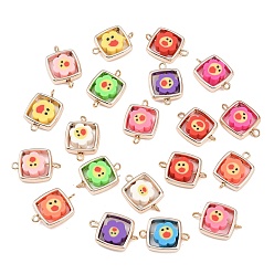 Розовое Золото Пластиковая рамка ccb с полимерной глиной, с бусинами в виде улыбающегося лица и цветка, квадратными звеньями, подвесками-соединителями, с латунными двойными петлями, разноцветные, розовое золото , 20x14.5x5 мм, отверстие : 1.6 мм