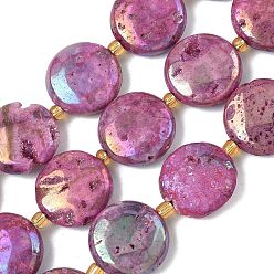 Ярко-Розовый Гальванические природные друзы геод, плоско-круглые, с бисером, ярко-розовый, 20x7~7.5 мм, отверстие : 0.9~1 мм, около 9 шт / нитка, 8.03'' (20.4 см)