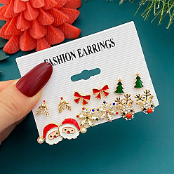 Золотой 6 пары серег-гвоздиков из сплава со стразами на рождественскую тематику, с искусственным жемчугом и эмалью, золотые, 10 мм