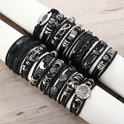 Черный 16шт. 16 стили браслетов из сплава и искусственной кожи с несколькими рядами, набор плетеных браслетов для мужчин и женщин, чёрные, 7-1/8 дюйм (18 см), 1 шт / стиль