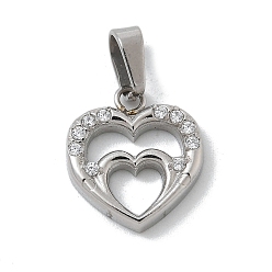 Нержавеющая Сталь Цвет 304 микро нержавеющей стали прокладывать Цирконом подвески, сердце прелести, цвет нержавеющей стали, 11.5x10.5x2 мм, отверстие : 4x2.5 мм