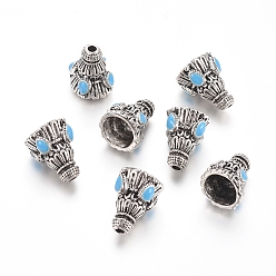 Deep-Sky-blau Tibetischen Stil Legierung Perle Kegel, mit Emaille, Kegel, Antik Silber Farbe, Deep-Sky-blau, 16.5x12.5 mm, Loch: 2 mm, Innendurchmesser: 10 mm