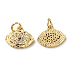 Real 18K Gold Plated Rack Plating Brass Micro Pave Clear Cubic Zirconia Charms, with Jump Ring, Long-Lasting Plated, Lead Free & Cadmium Free, Horse Eye Charm, Real 18K Gold Plated, 11x13.5x2mm, Hole: 3mm