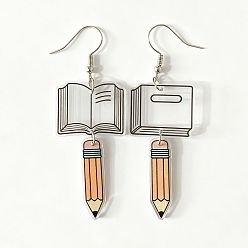 Orange Acrylic Dangle Earrings, Book with Pencil, Platinum, Orange, 77x27mm