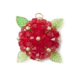 Красный Стеклянные подвески, гортензия, с акриловыми подвесками в виде листьев и 304 соединительными кольцами из нержавеющей стали, красные, 23x22x9 мм, отверстие : 2.5 мм