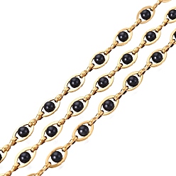 Black 304 Stainless Steel Eye Shape Link Chains, with ABS Imitation Pearl, Soldered, with Spool, Real 18K Gold Plated, Ion Plating(IP), Long-Lasting Plated, Black, 7x4x2.5~3mm, about 32.81 Feet(10m)/Roll, Link: 5.5x2.5x1mm