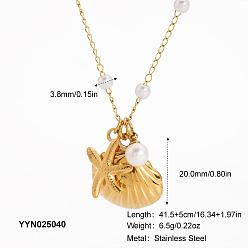 Золотой Летние ожерелья из нержавеющей стали с подвесками в форме ракушек и морских звезд, с имитацией жемчуга, золотые, 16.34 дюйм (41.5 см)