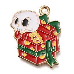 Box Новогодняя тема сплава эмали подвески, золотые, череп, коробка, 25x20x1 мм, отверстие : 1.8 мм