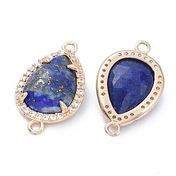Lapis Lazuli Brass Rhinestone Links, with Natural Lapis Lazuli, Teardrop, Faceted, Golden, 22~22.5x13~14.5x4.5mm, Hole: 2mm