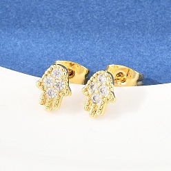 Hamsa Hand Серьги-гвоздики из латунного микро-паве, долговечный, стойки покрытие, без свинца и без кадмия, хамса рука, 8x6 мм