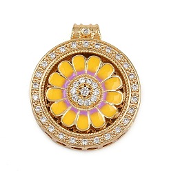 Золотистый Вращающиеся подвески из латуни с микропаве из кубического циркония, Эмаль стиле, плоские круглые с цветком, золотые, 29.5x25.5x7.5 мм, отверстие : 3.5 мм