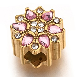 Золотой 304 из нержавеющей стали европейские шарики, бусины с большим отверстием, со стразами, цветок, розовый жемчуг, ионное покрытие (ip), золотые, 11x7.5 мм, отверстие : 4 мм