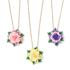 (52) Непрозрачная лаванда 3 шт. 3 подвеска из полимерной глины с цветком и стеклянными бусинами 304 ожерелья из нержавеющей стали с цепочкой, золотые, разноцветные, 17.32 дюйм (44 см), 1 шт / цвет