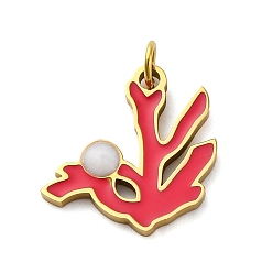 Светло-Вишневый 304 из нержавеющей стали шармы эмали, с целью перехода в кольце, подвески в форме коралла, ионное покрытие (ip), реальный 18 k позолоченный, светло-вишневый, 14x14x1.5 мм, отверстие : 2.5 мм