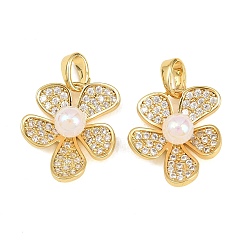 Золотой Латунные микропаве прозрачные подвески с фианитом, с пластиковой жемчужины, , золотые, 17x14.5x5.5 мм, отверстие : 5x3 мм