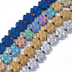 Mixed Color Electroplate Non-magnetic Synthetic Hematite Beads Strands, PVD Vacuum Plating, Clover, Mixed Color, 10x10x3mm, Hole: 1mm, about 39~40pcs/strand, 15.7 inch