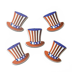 Chocolate American Flag Theme Single Face Printed Aspen Wood Big Pendants, Tall Top Hat Charm, Chocolate, 49.5x47x2.5mm, Hole: 1.6mm