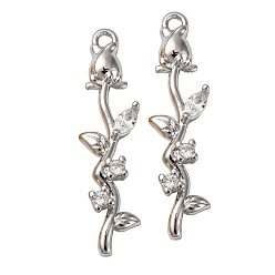 Платина Латунные микропаве прозрачные подвески с фианитом, без кадмия, без никеля и без свинца, роза, платина, 27x7x3.5 мм, отверстие : 1.4 мм