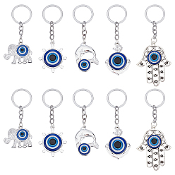 Platinum 10Pcs 5 Style CCB Plastic & Alloy Pendant Keychains, with Resin Evil Eye and Iron Key Rings, Platinum, 9.3~12.3cm, 2pcs/style