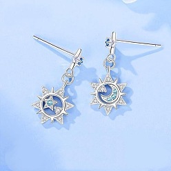 Platinum Brass Micro Pave Cubic Zirconia Stud Dangle Earrings for Women, Sun with Star, Platinum, 30mm