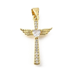 Прозрачный Латунные микро проложить кубического циркония подвески, подвески крест, крыло и сердце, реальный 18 k позолоченный, стойки покрытие, долговечный, без свинца и без кадмия, прозрачные, 25x16x4 мм, отверстие : 5x3.5 мм