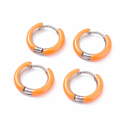 Легкий Лосось Двухцветные 304 массивные серьги-кольца из нержавеющей стали с эмалью для женщин, цвет нержавеющей стали, светлый померанцевый, 10 датчик, 15~16x2.5~3 мм, штифты : 1 мм