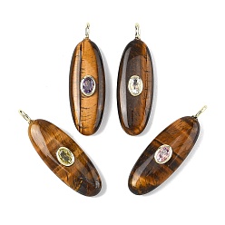 Тигровый глаз Природных тигровый глаз подвески, Овальные подвески с латунной микро-паве из кубических цирконий (случайного цвета), золотые, 42x13.5x7.5 мм, отверстие : 2.5x4 мм