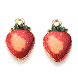 Crimson Printed Alloy Pendants, Lead Free & Cadmium Free & Nickel Free, Strawberry Charm, Light Gold, Crimson, 17x10.5x2.5mm, Hole: 1.8mm