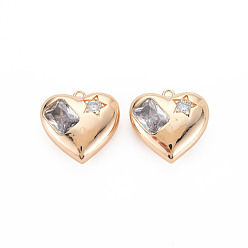 Clear Brass Micro Pave Cubic Zirconia Pendants, Real 18K Gold Plated, Nickel Free, Heart, Clear, 18x19x7mm, Hole: 1.5mm