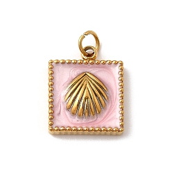 Pink 304 из нержавеющей стали шармы эмали, квадрат с подвесками в виде ракушек, с целью перехода в кольце, ионное покрытие (ip), реальный 18 k позолоченный, розовые, 13x10.5x3.5 мм, отверстие : 2.5 мм