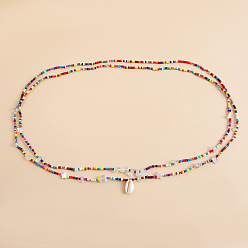 Shell Shape Богемный натуральный каури подвеска стеклянные бусины двухслойные эластичные цепочки на талию и живот для женщин, красочный, формы раковины, 800 мм, 2 шт / комплект